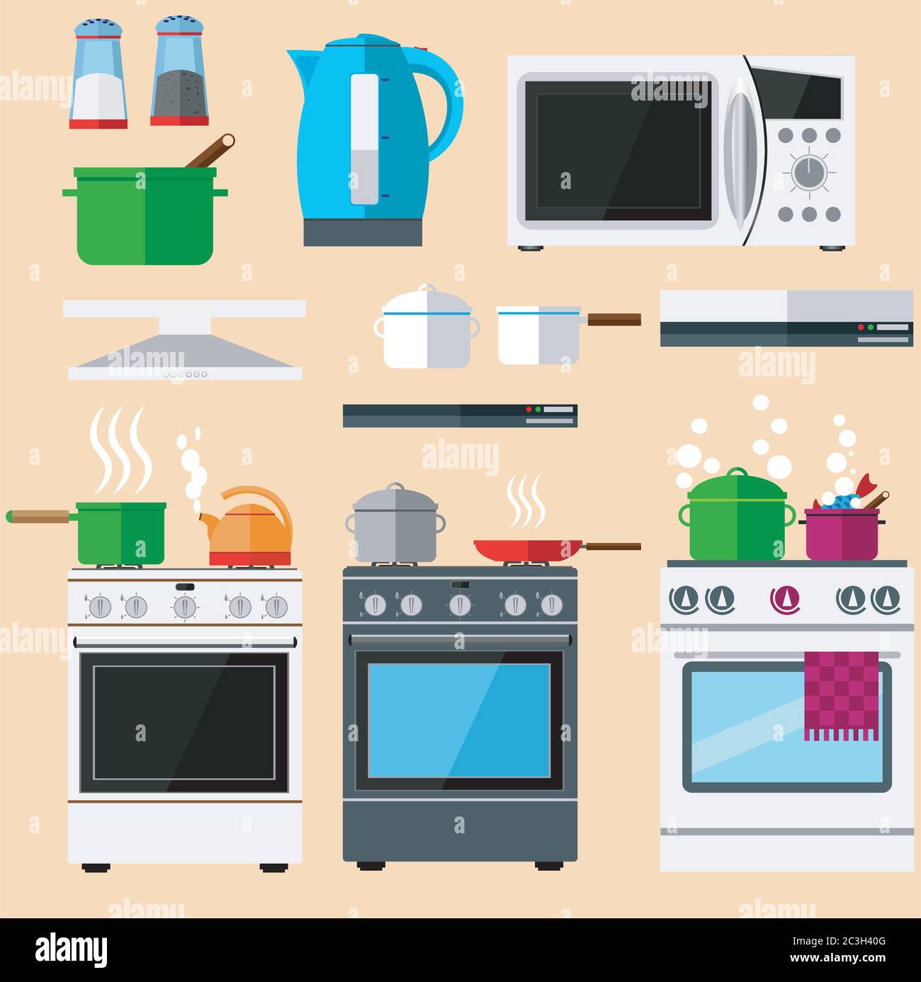 Set of kitchen appliances and utensils. Kitchen gas stoves, microwave and pots. Vector illustration. Stock Vector