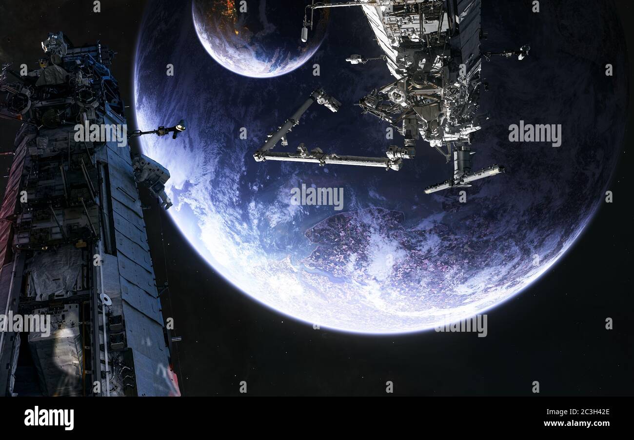 Space stations, planets in deep space Stock Photo