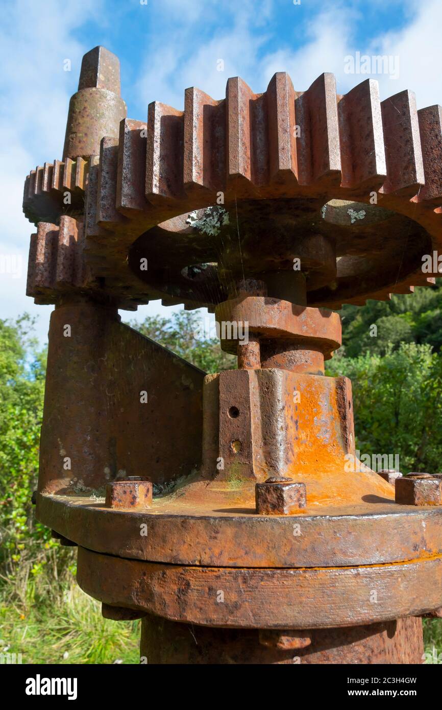 Gear wheels on waterworks valve at Zealandia wildlife reserve, Wellington, North Island, New Zealand Stock Photo