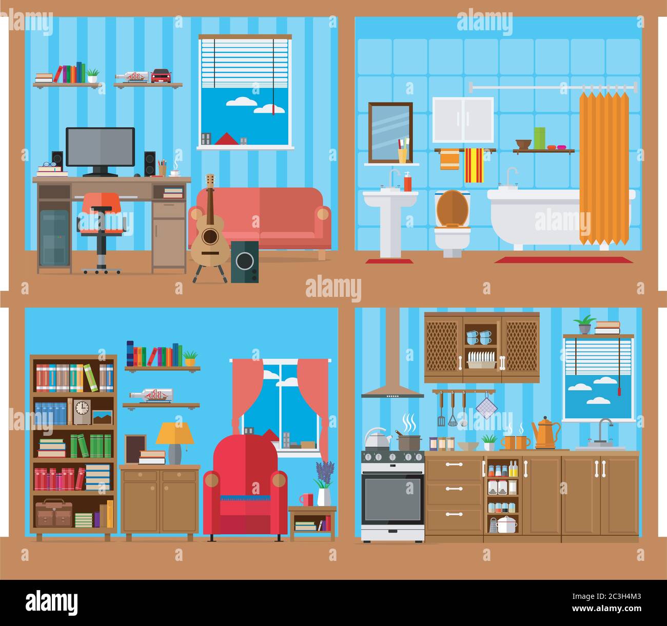 Large set of living rooms: living room, bedroom, bath, kitchen. Vector illustration on the theme of architecture. Stock Vector