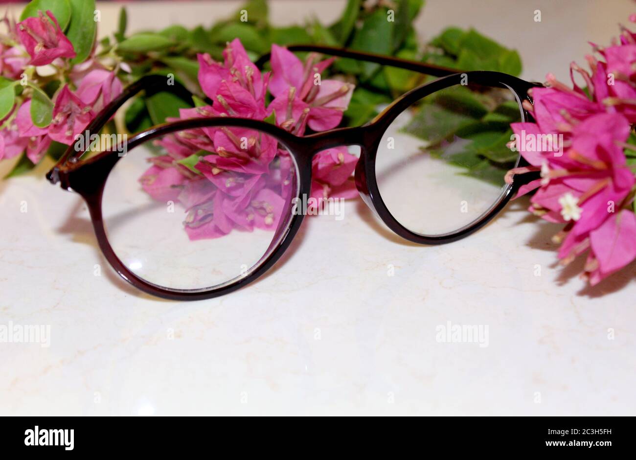 glasses on white table in front of pink bougainvillea flowers, creative background image with black text space. Stock Photo