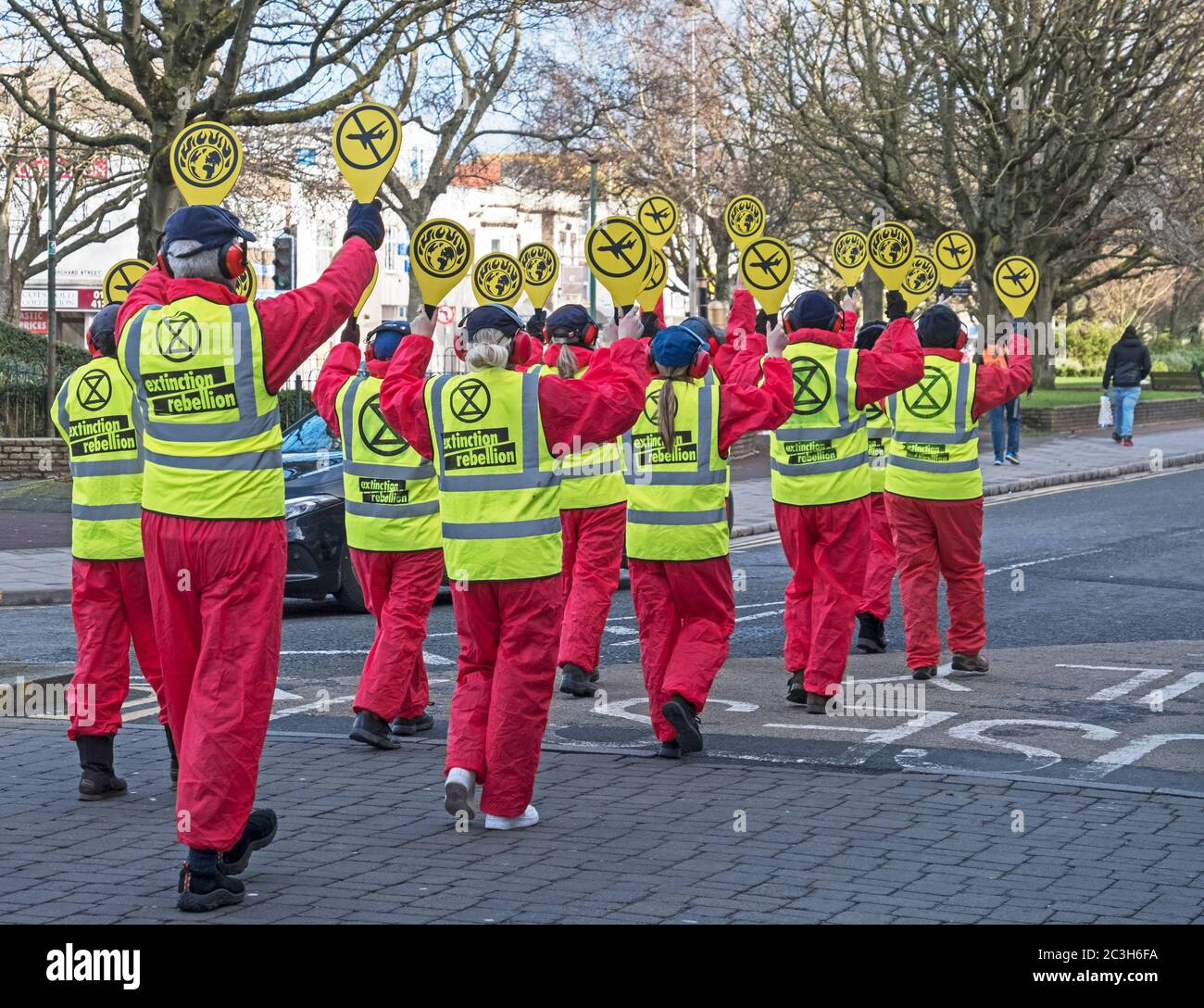 Demonstrators protest against the planned expansion of Bristol Airport in Weston-super-Mare, UK on 8 February 2020. Stock Photo