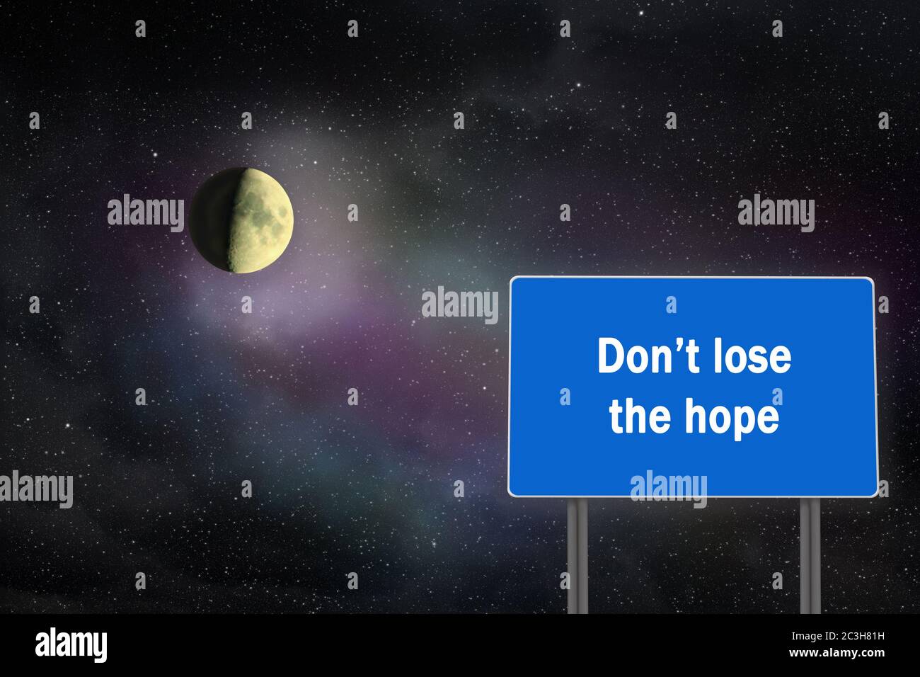 inscription on bilboard on cosmic landscape background. Phrase written on bilboard on lunar and star Stock Photo