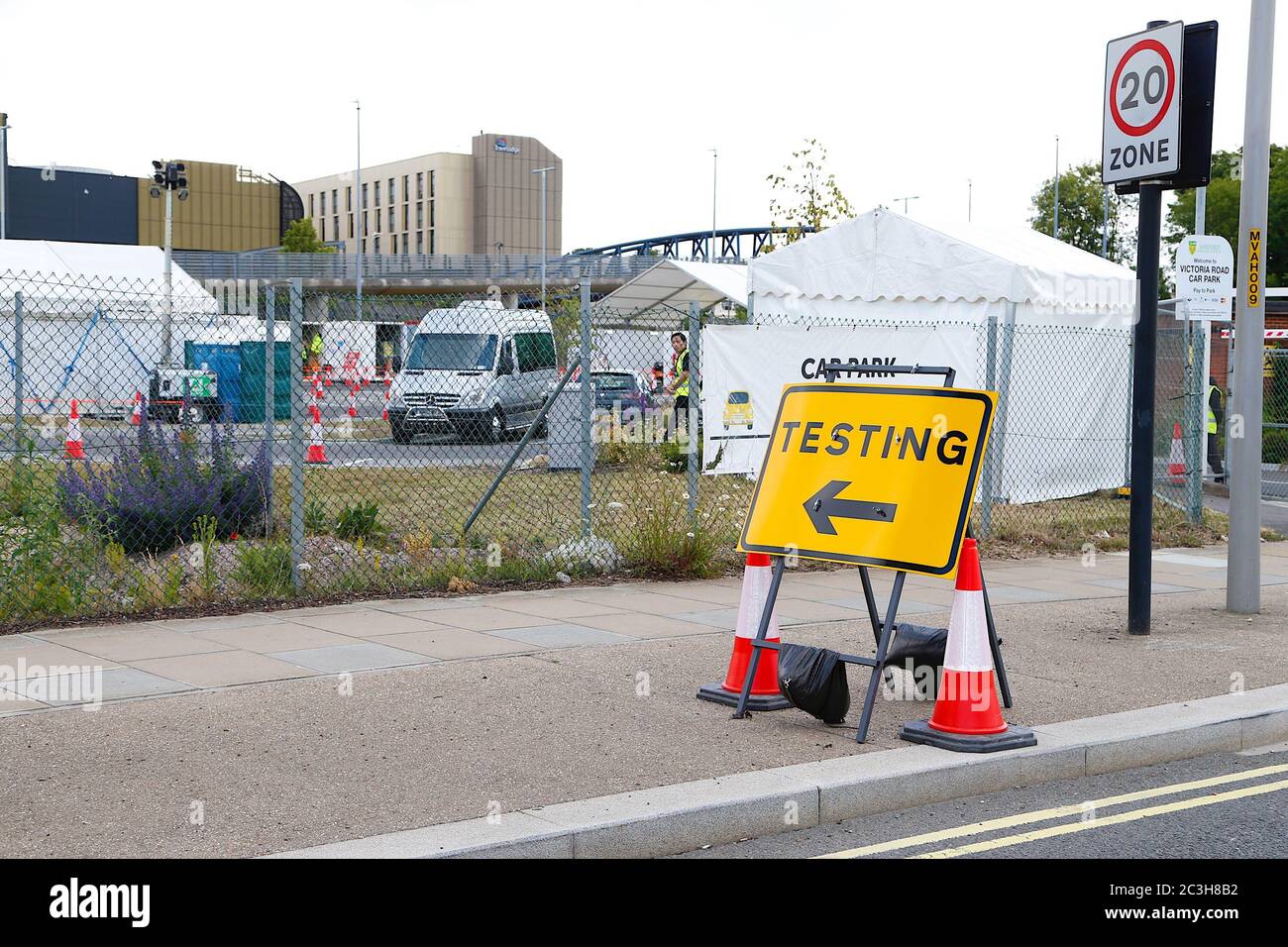 Ashford, Kent, UK. 20 June, 2020. Following the announcement by the government that non essential shops can open, the Ashford town centre high street appears busier than it has in the past few months of the Coronavirus pandemic during the first weekend of shops opening. Ashford COVID 19 testing station. Credit: Alamy Live News Stock Photo
