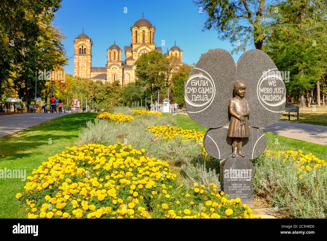 Belgrade / Serbia - September 30, 2018: Monument to children killed in the NATO bombing campaign of 1999 and St. Mark's Church in the background in Ta Stock Photo
