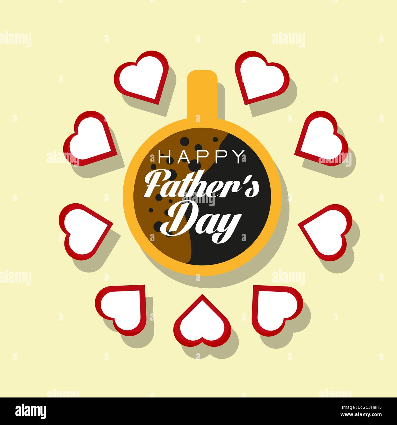 Illustration of cup full of coffee and red colored heart on cream color background. Heart drawings around the glass. Happy fathers day. Stock Vector