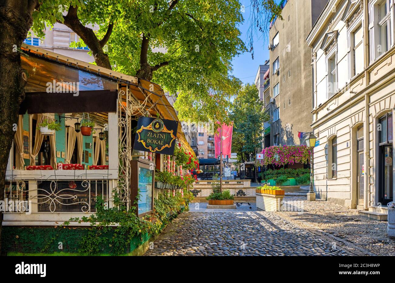 Belgrade / Serbia - September 23, 2018: Skadarlija street, old bohemian street with many famous restaurants of Serbian national cuisine in Belgrade, c Stock Photo