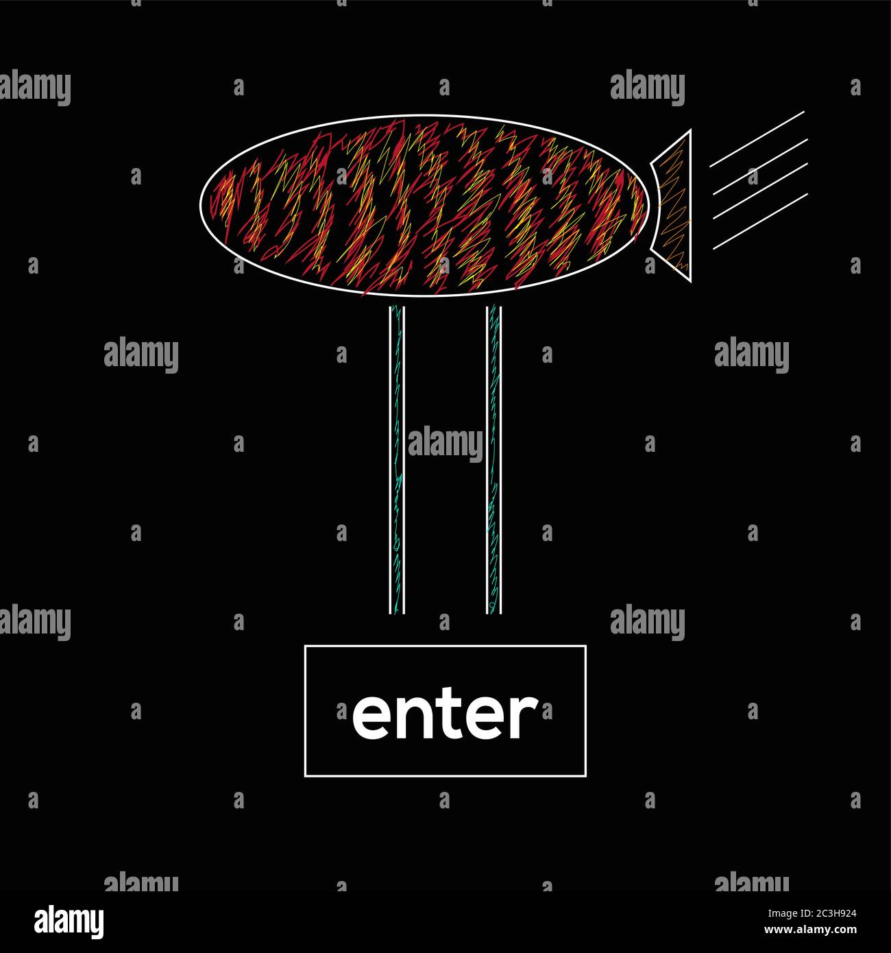 Flying balloon and enter drawing work on black background. Vector