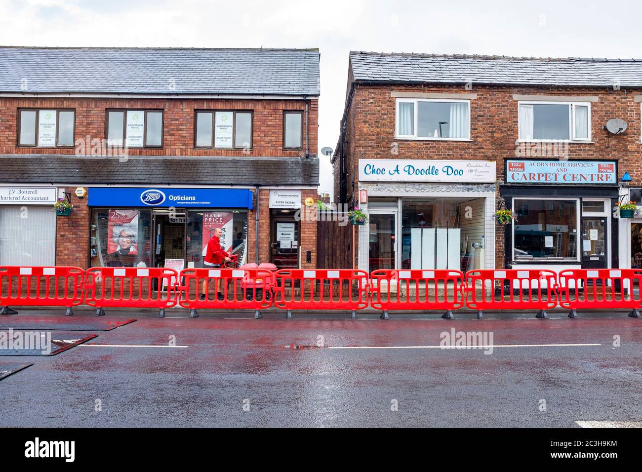 Blocked parking spaces for social distance, coronavirus COVID-19 in town centre of Sandbach Cheshire UK Stock Photo