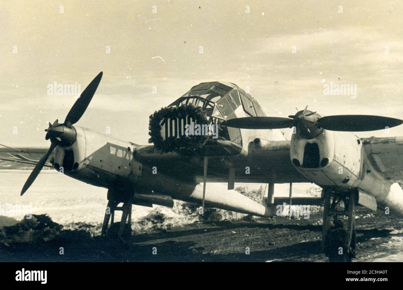 Second World War / WW2 - German reconnaissance aircraft Focke-Wulf Fw 189, aerial warfare, probably East Front, Russia - 1000 missions! Stock Photo