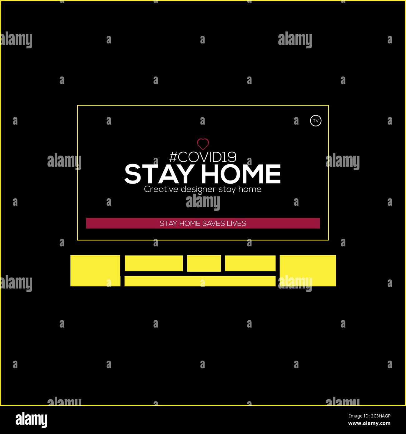 Stay at home. Survive. Yellow lines and television stay at home on black background. Protected from coronavirus. Stock Vector