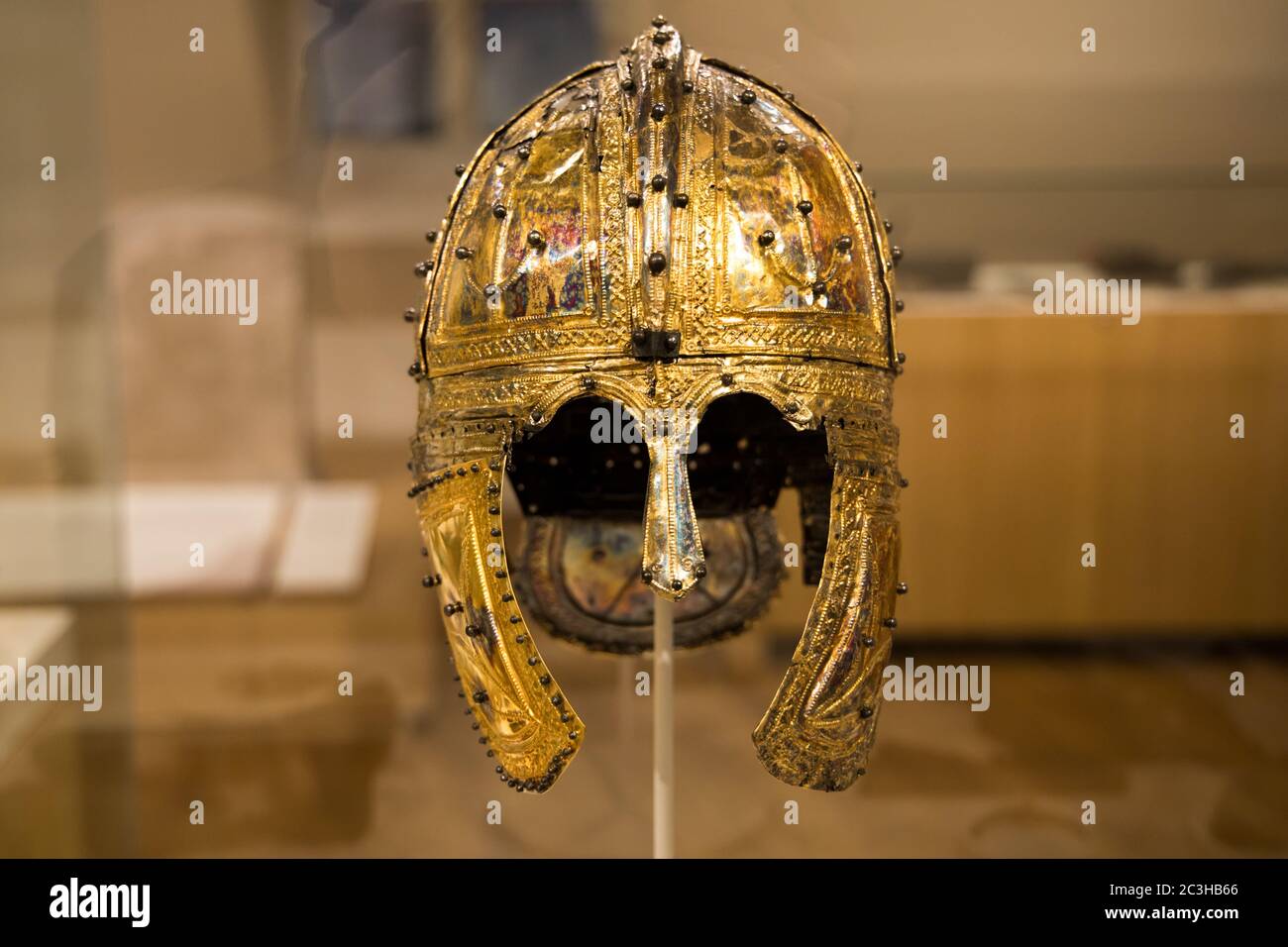 Leiden, The Netherlands - DEC 04, 2020: an ancient gilded silver equestrian helmet from a roman soldier. The helm is found in the Dutch city Peel. Stock Photo