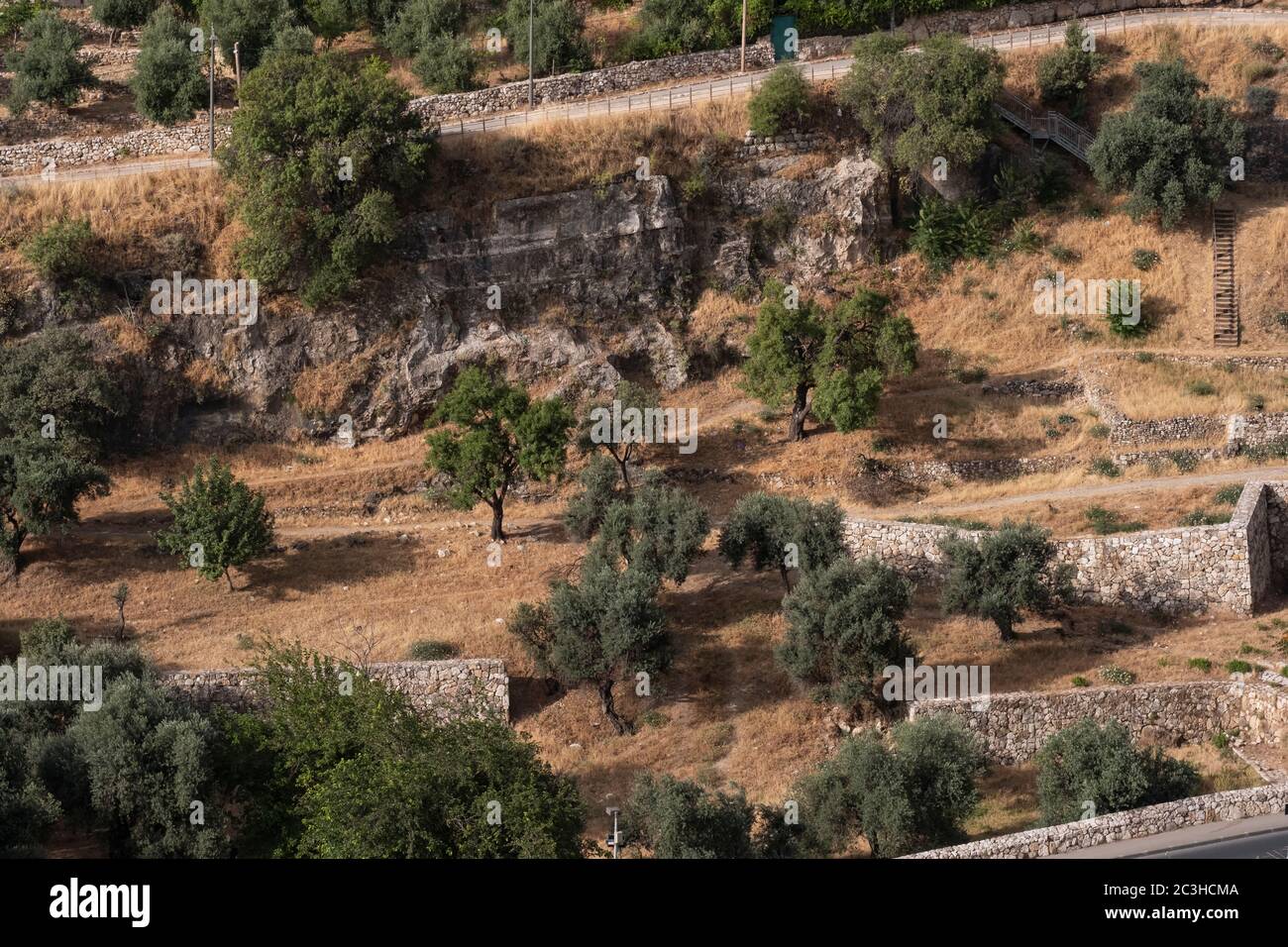 View of Valley of Hinnom or Gei Ben Hinom Valley Park the modern name for the biblical Gehenna or Gehinnom valley surrounding Jerusalem's Old City, Israel Stock Photo