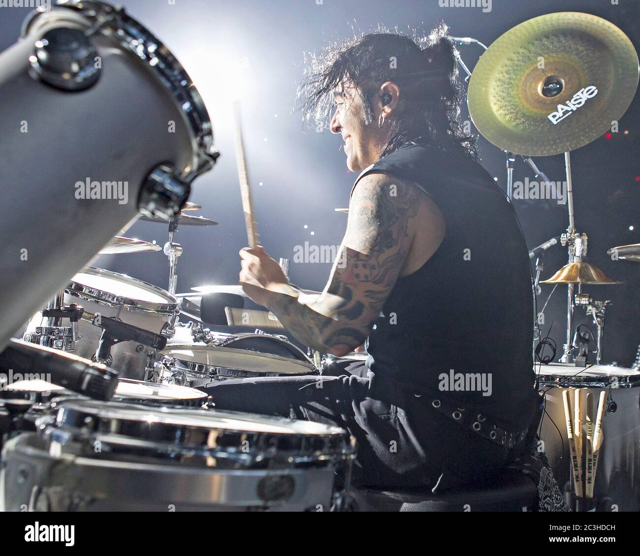Drummer Alex Gonzalez, El Animal, performs with Mexican pop-rock band Mana at the American Airlines Arena in Miami, Florida. Stock Photo