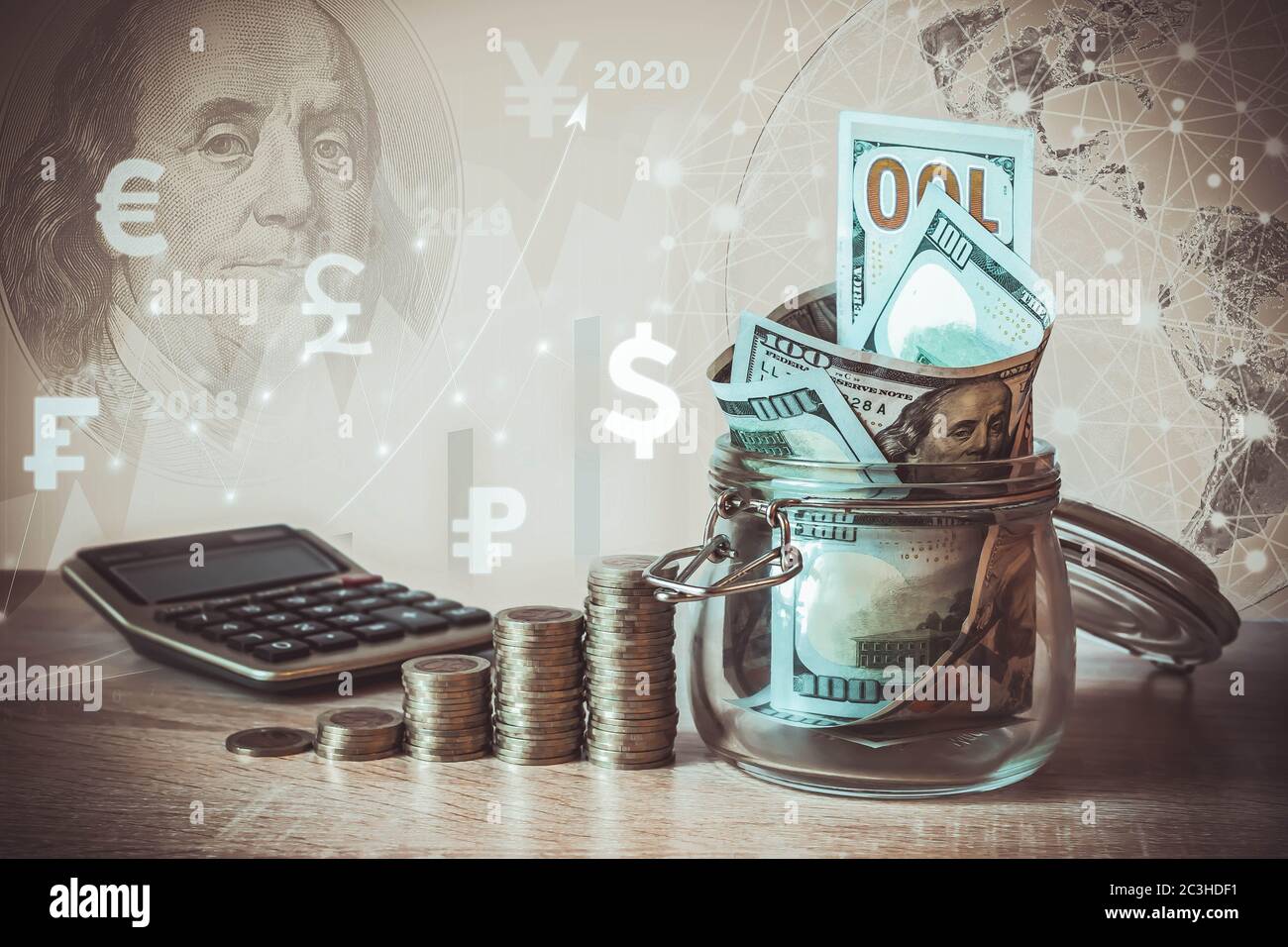 Coins Stack, calculator, dollar bills in glass jar, virtual hologram ...