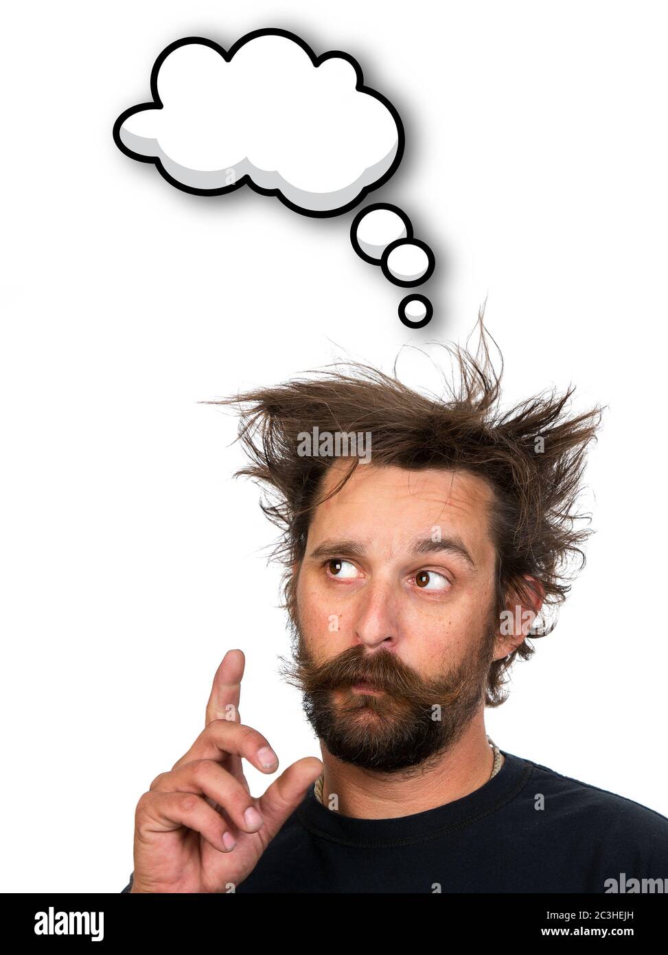 Goofy young man thinking, with thought bubble and space for your text. Isolated on white background Stock Photo