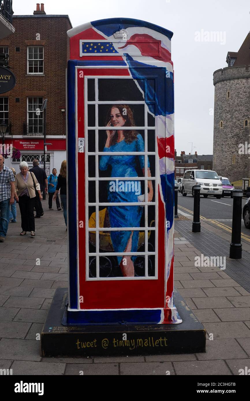 WINDSOR, UK - JULY 21: The Duchess of Cambridge depicted on Timmy Mallet's Ring a Royal Post Box. Art installation celebrating all things British, on Stock Photo
