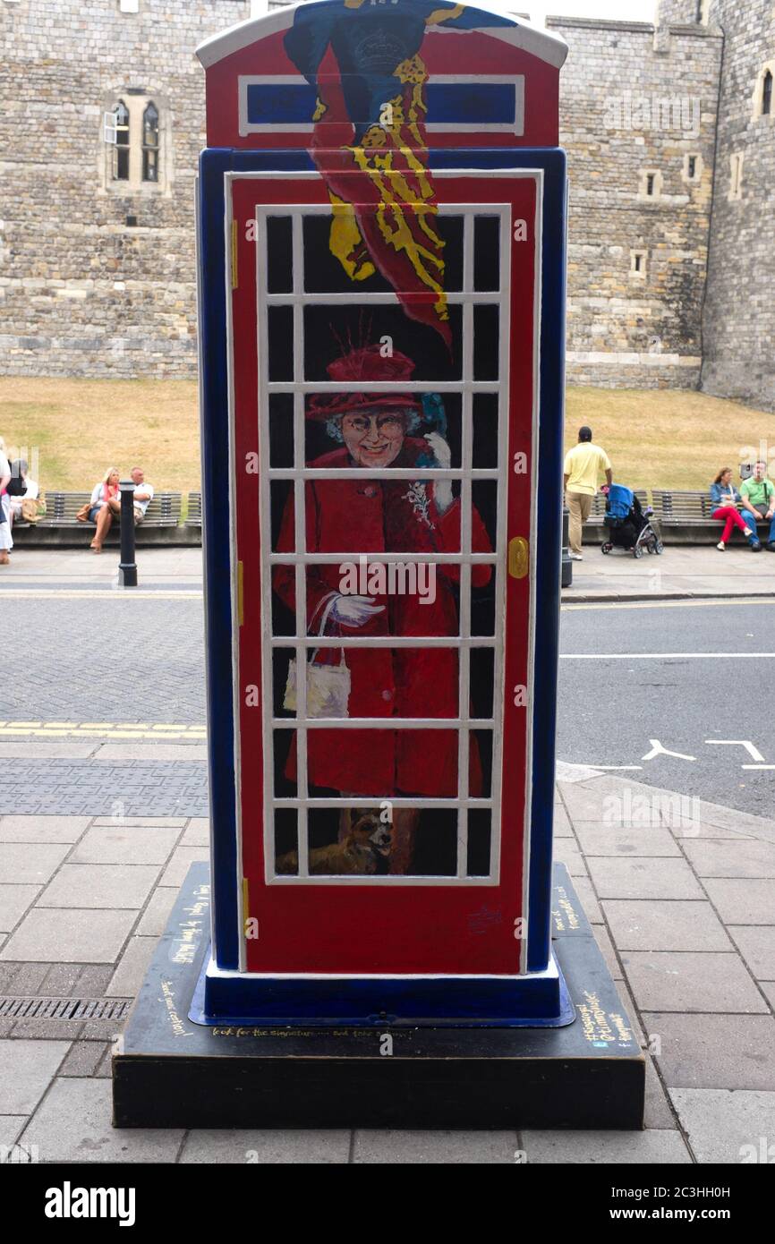 WINDSOR, UK - JULY 21: The Queen, Elizabeth II, depicted on Timmy Mallet's Ring a Royal Post Box. Art installation celebrating all things British, on Stock Photo