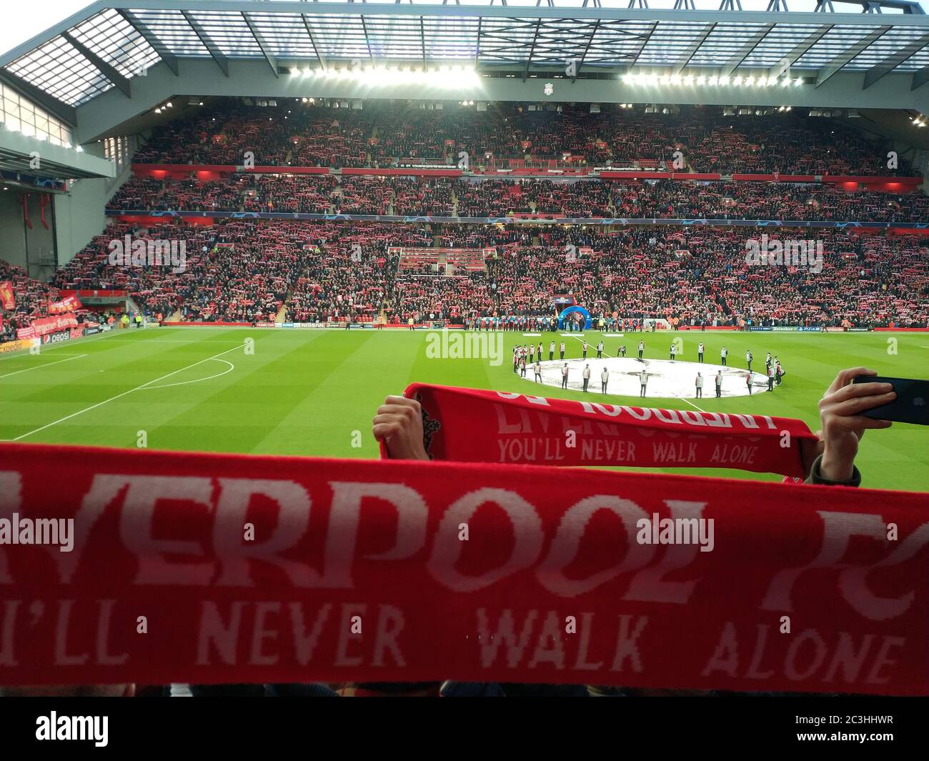 Liverpool FC fans at Anfield Stadium, Liverpool for a home Champions League knockout game against FC Porto Stock Photo