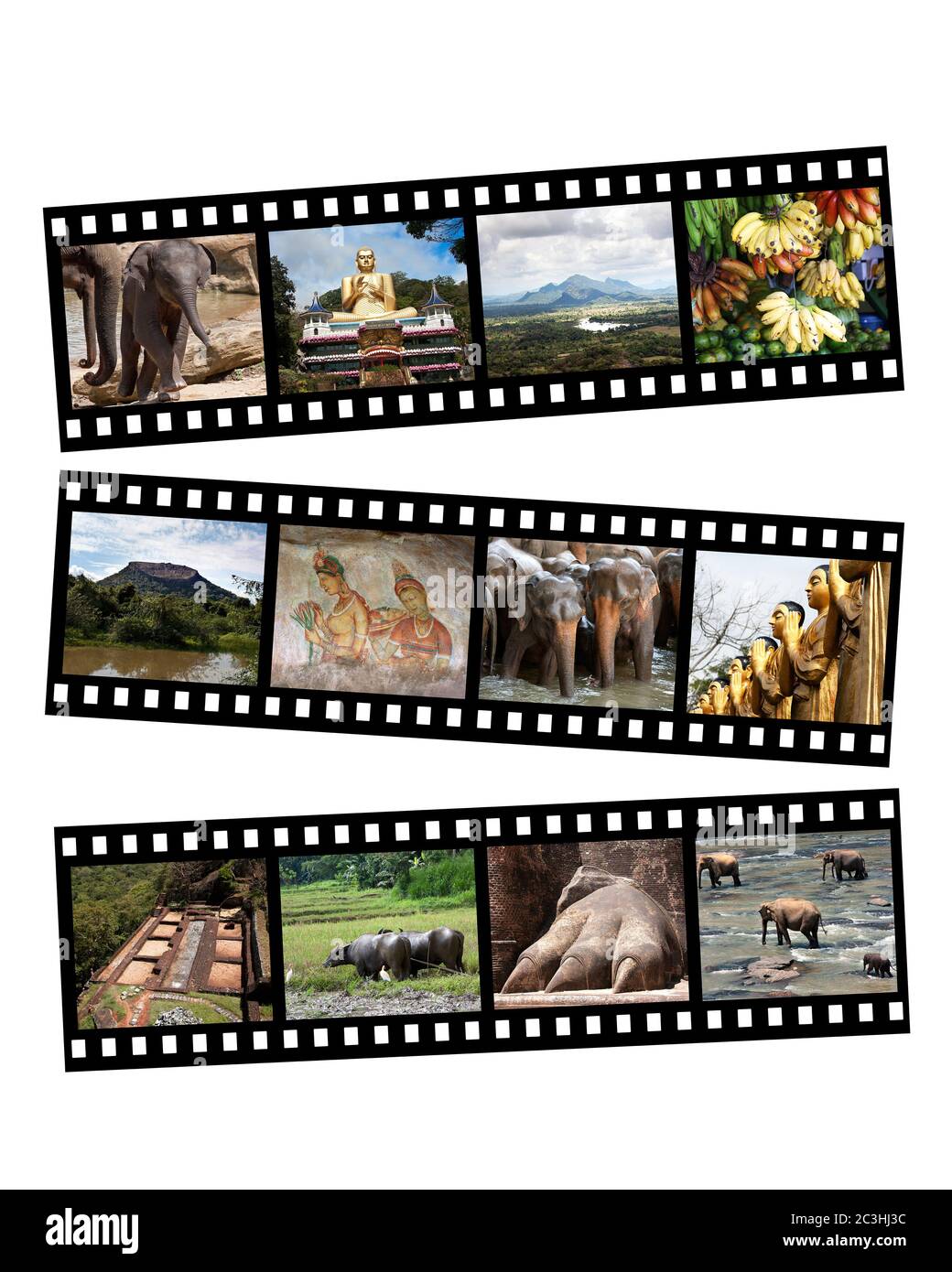 Images of Sri Lanka displayed on black and white film strips, isolated on white. Stock Photo