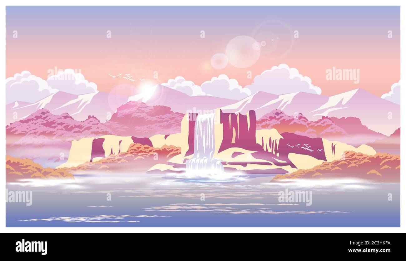Vector illustration on the theme of the sunrise over the beautiful waterfall and highlands Stock Vector