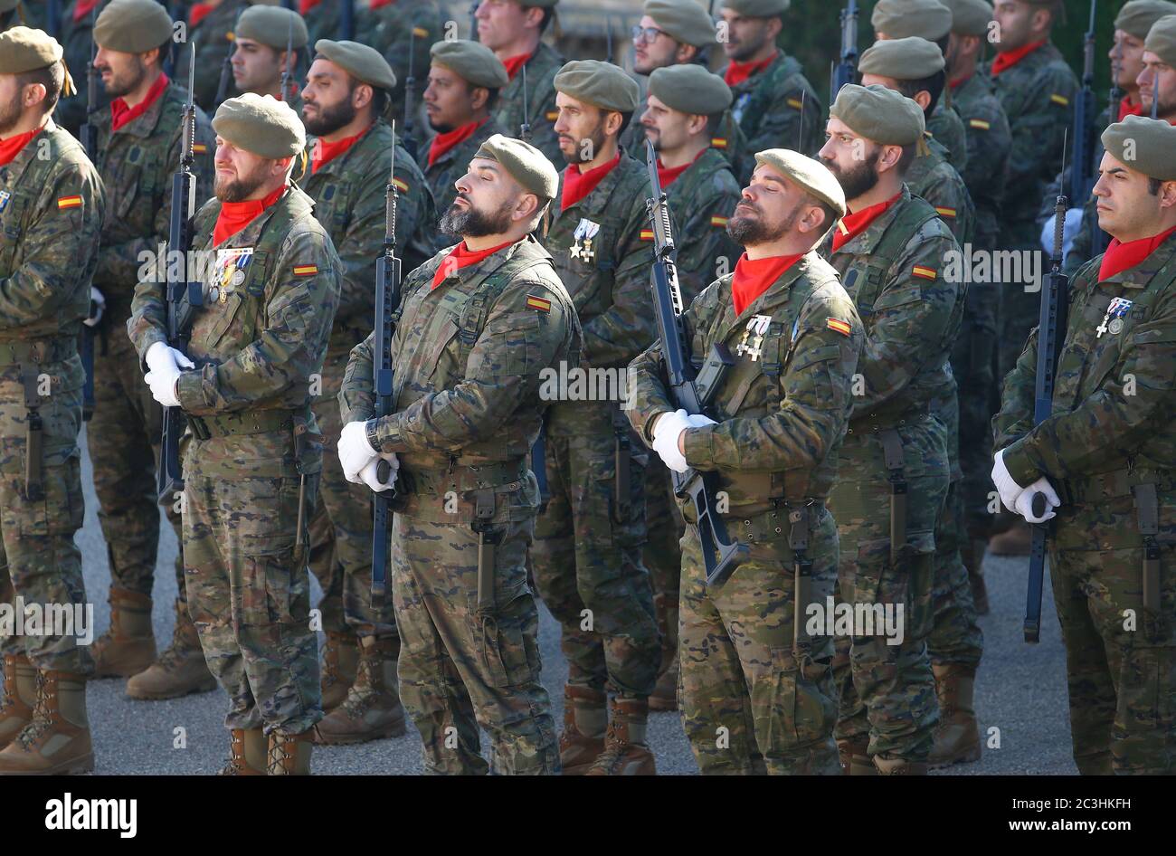 Spain military forces seen during a parade to celebrate the patron of the unit Stock Photo