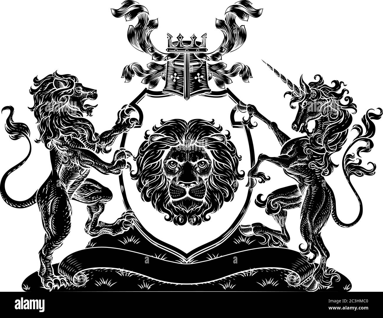 Coat of Arms Unicorn Lion Crest Shield Family Seal Stock Vector