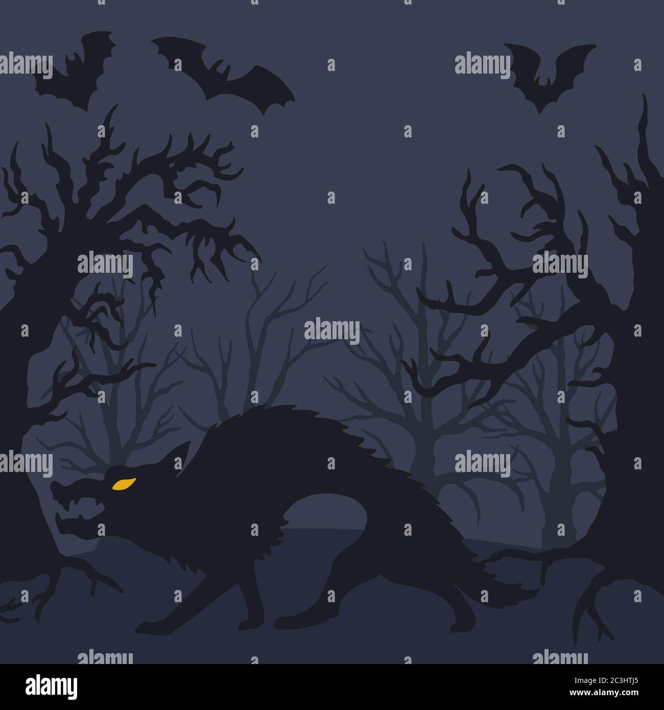 Vector wolf silhouette illustration with spooky bats and trees Stock Vector