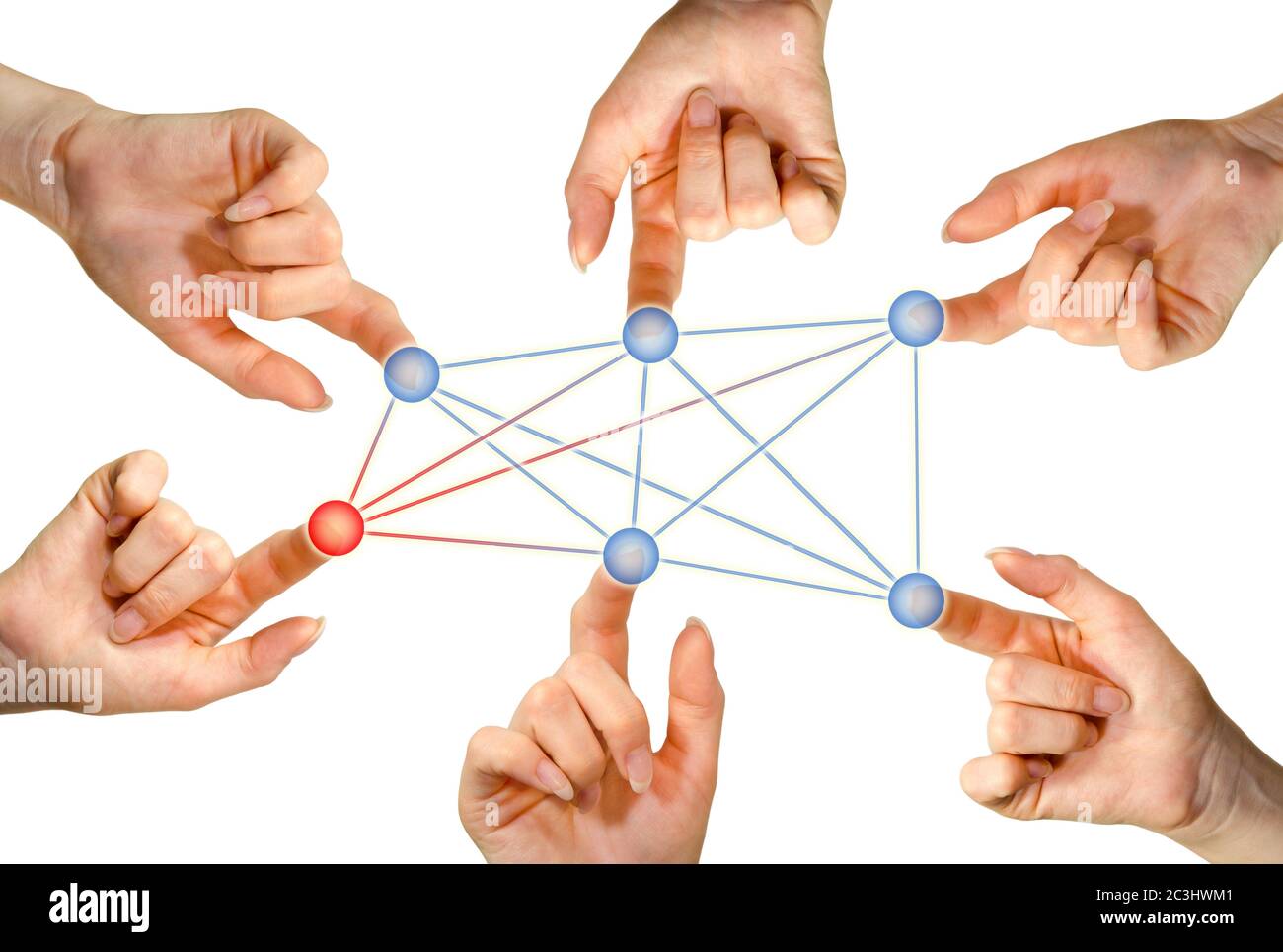 Many hands connected through virtual network with information or virus spreading Stock Photo