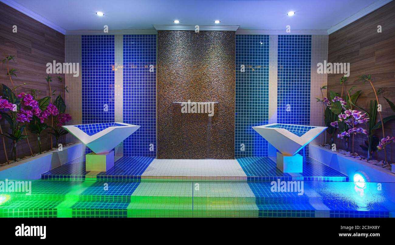 Beautiful indoor swimming pool with beautiful tiles and floral ...