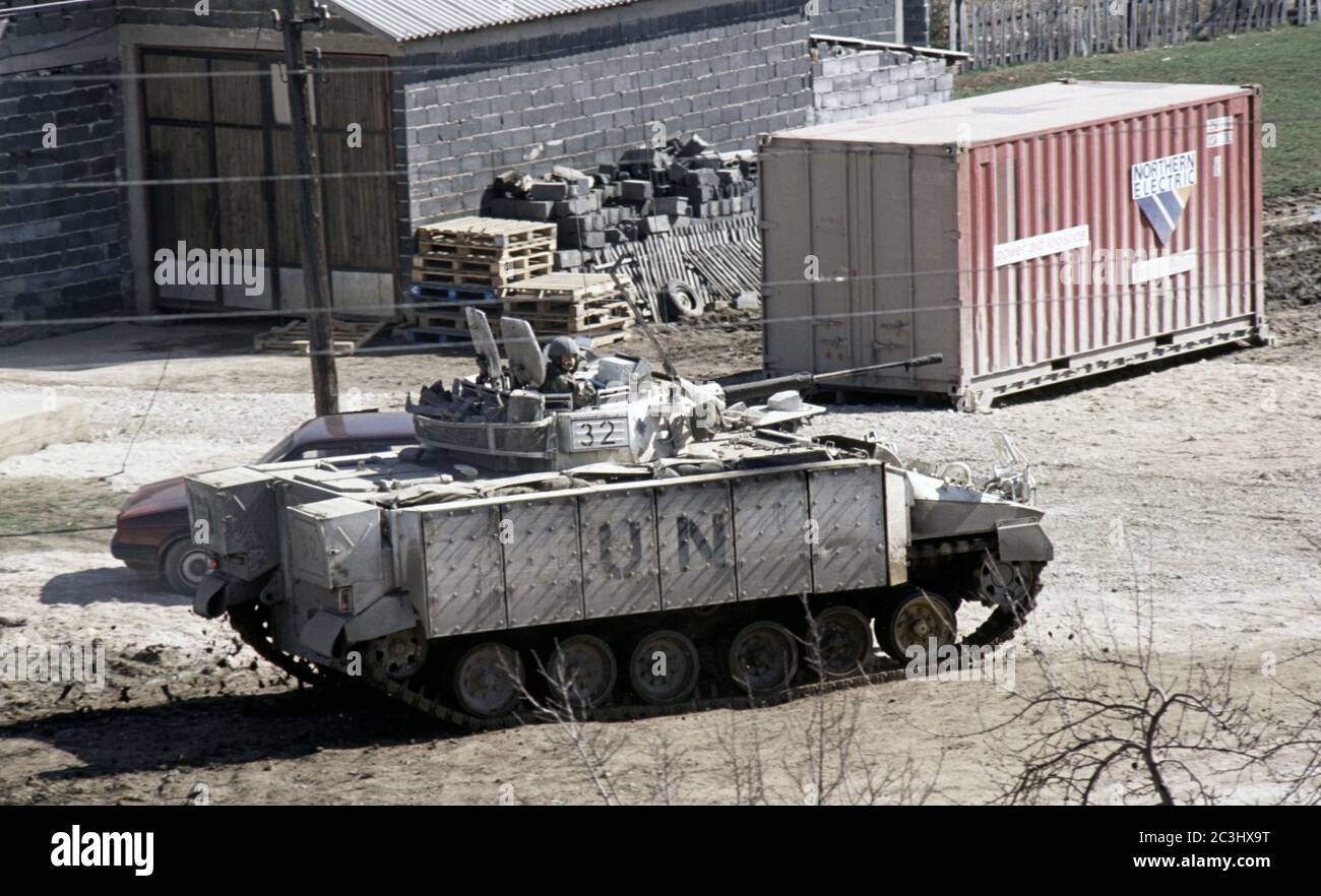 10th March 1994 During the war in Bosnia: a British Army Warrior MCV of the Coldstream Guards just outside the British base in Bila, near Vitez. Stock Photo