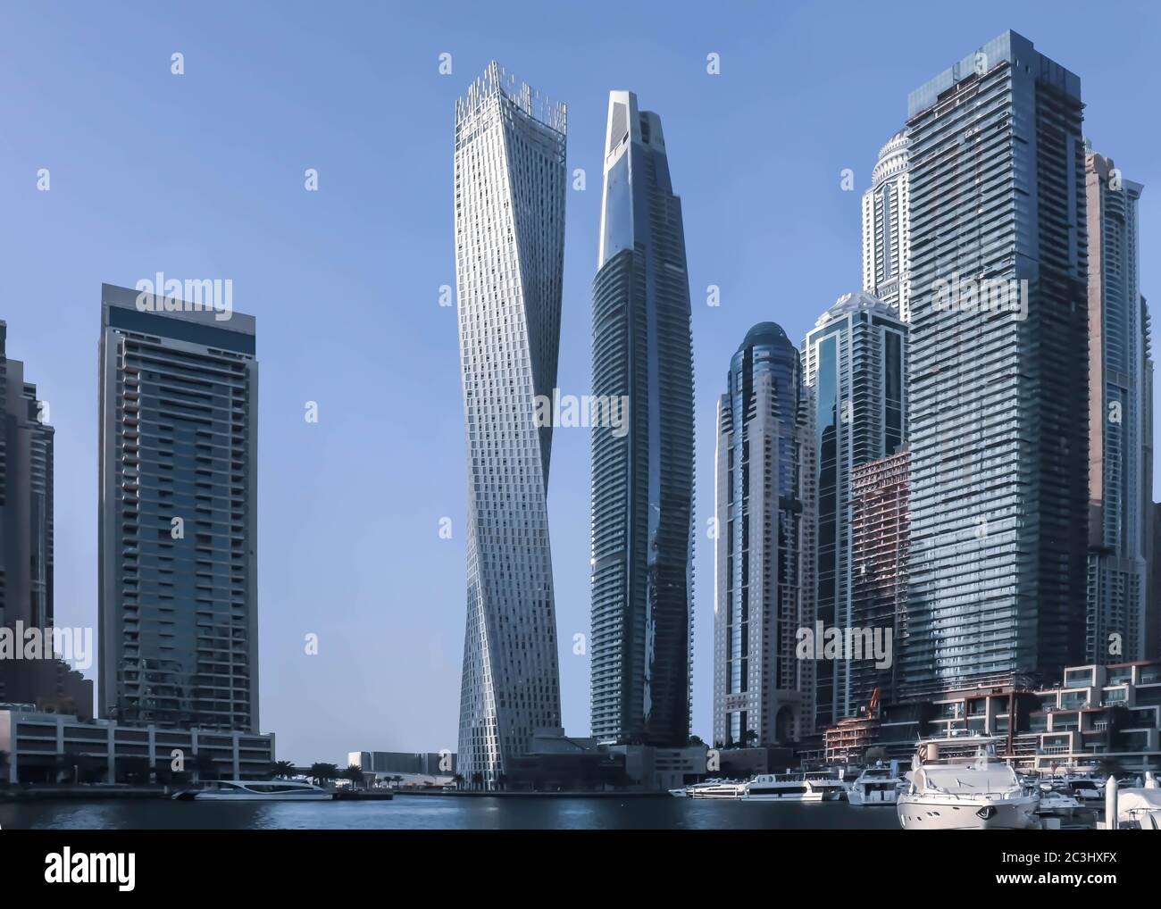 Dubai, UAE December 25 2018 Blue dubai marina. Panoramic view. Dubai downtown cityscape. Dubai city background. Stock Photo