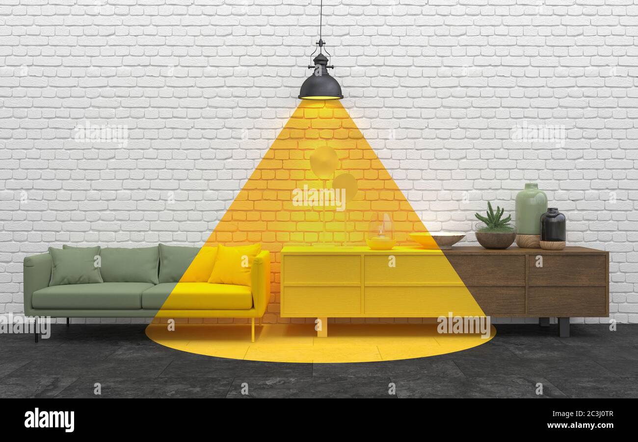 White brick wall with a drawn beam of yellow light from a lamp. Creative   interior with decor on the wall. Idea for home. Optical illusion in design. Stock Photo