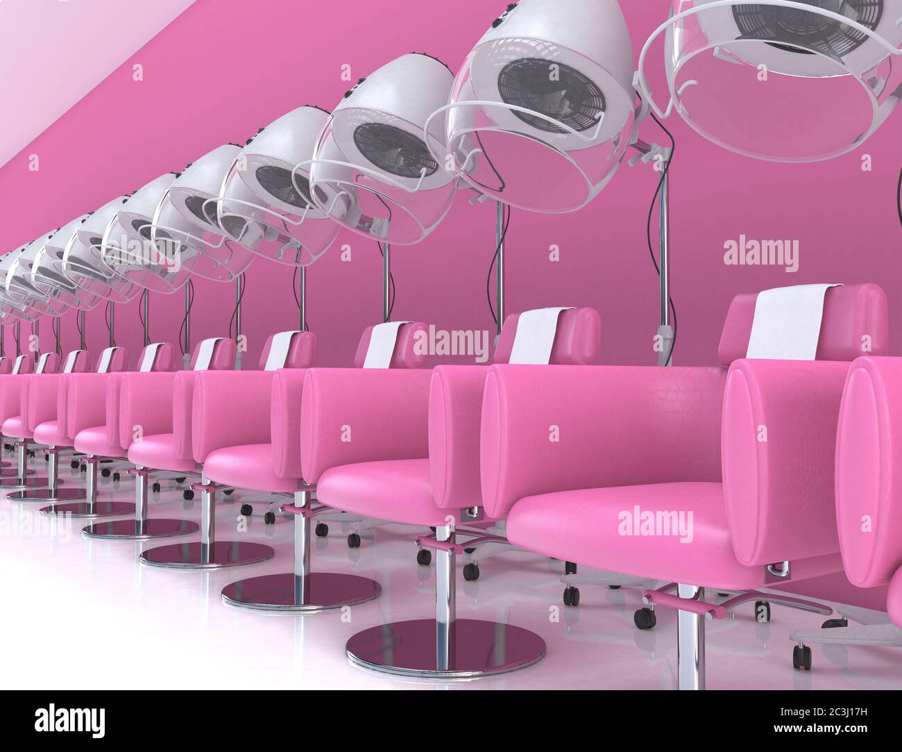 Similar stand hair dryers with armchairs in the interior of a beauty salon  in pastel pink colors. Female hairdresser interior design. 3D rendering ill  Stock Photo - Alamy