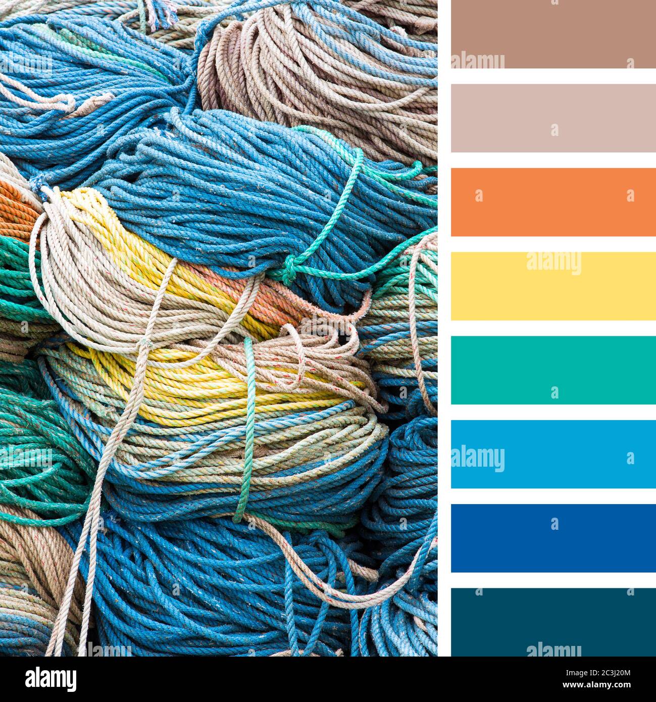 Stacked colourful nylon ropes on the quayside. In a colour palette with  complimentary colour swatches Stock Photo - Alamy