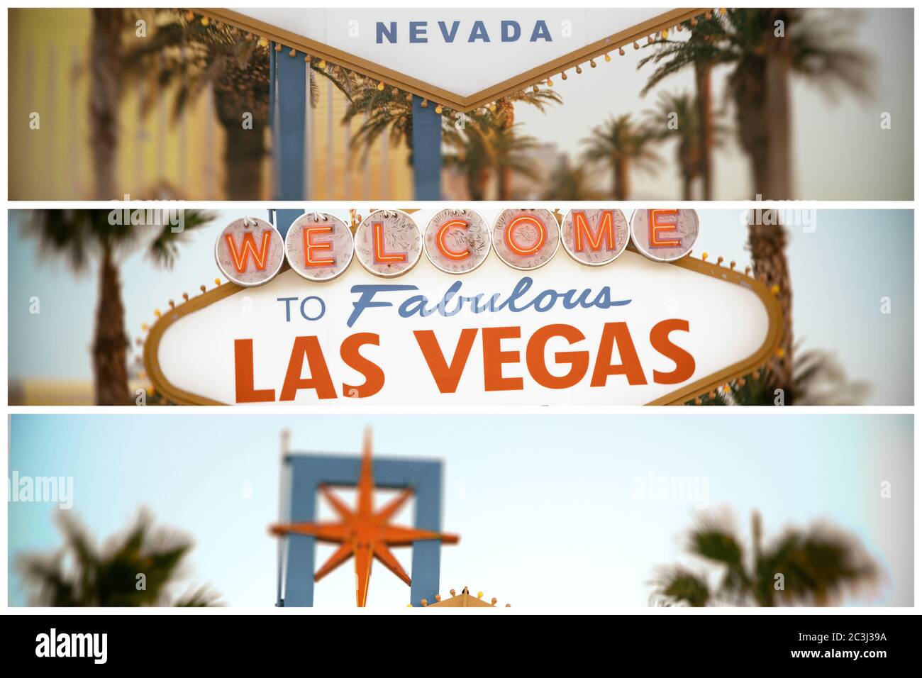 Collage of the world famous Welcome to Las Vegas sign . The Strip, Las Vegas, USA. Filtered to look like a 1970 style image. Stock Photo