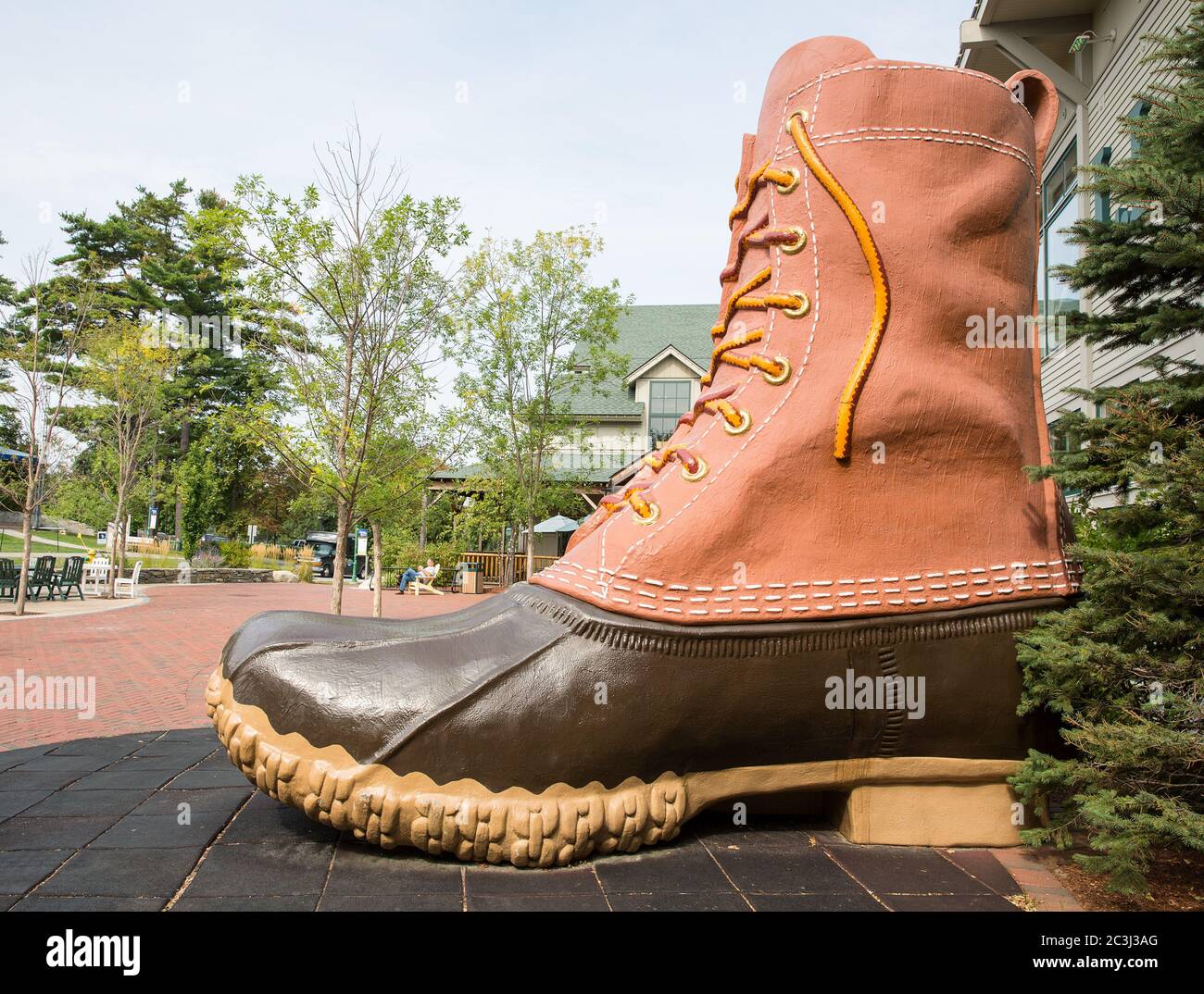 FREEPORT, MAINE, USA-AUG 31st, 2014: L.L. Bean is retail company founded in 1912 by Leon Leonwood Bean. A replica of its famous boot stands outside th Stock Photo