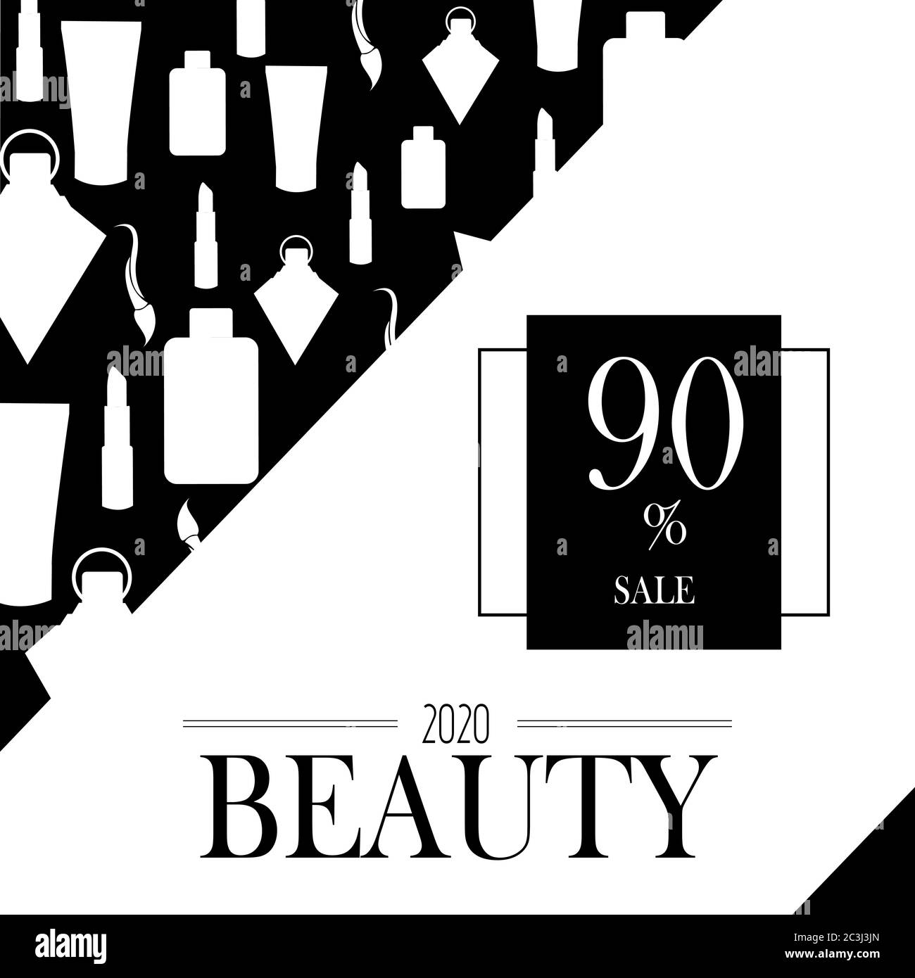 Cosmetics on black and white background. 90% advertising poster design for beauty store, blog, Magazine, offers and promotion. Vector illustration. Stock Vector