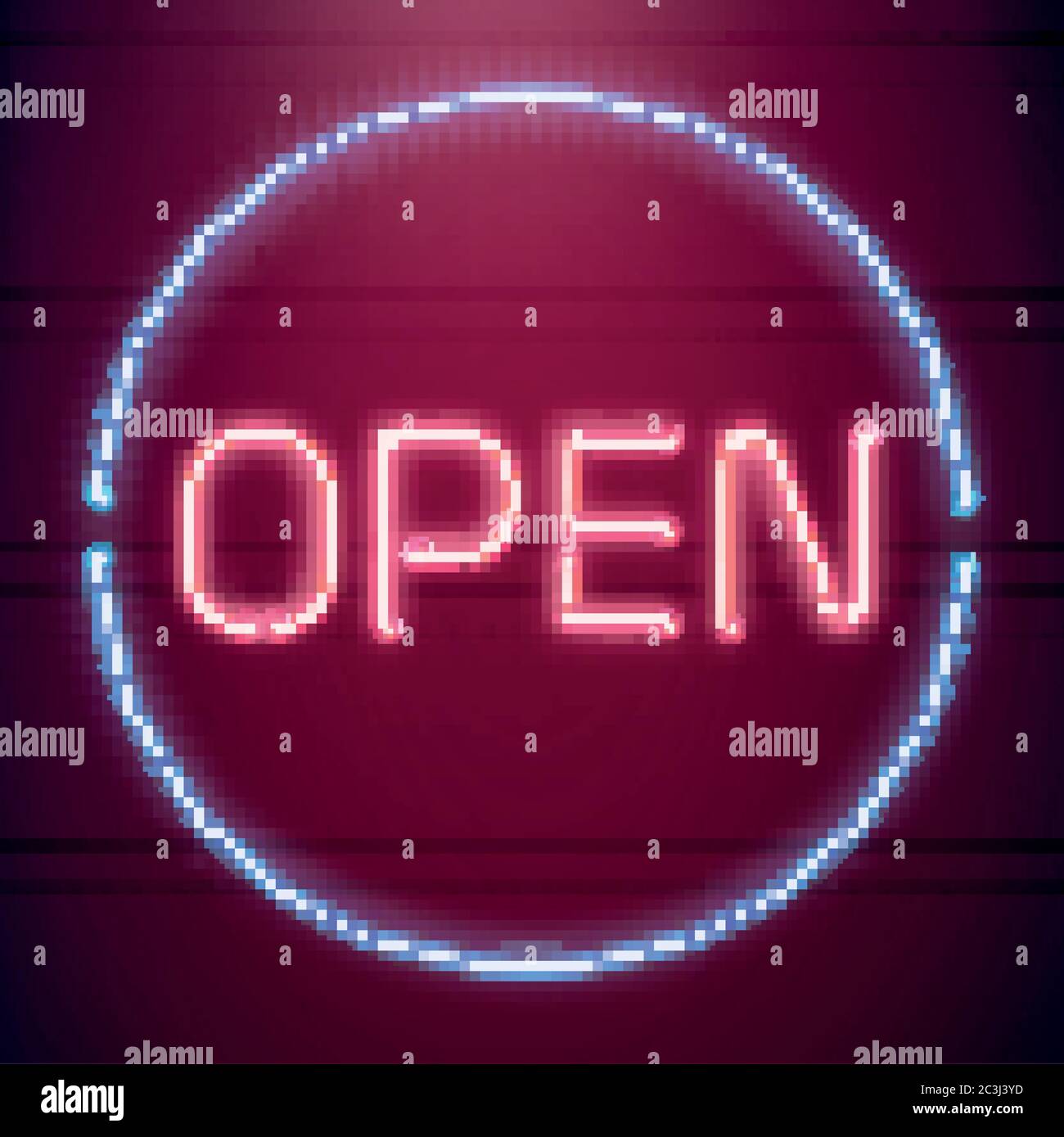 Bar open light Neon Sign. Night store red glowing letters . Open 24