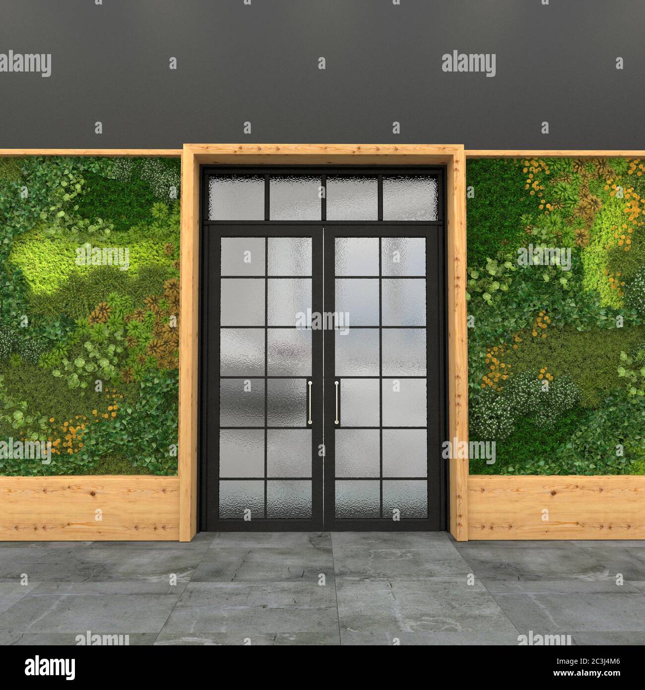 Interior with a glass entrance door and green wall with vertical gardening. Style loft. 3D visualization. Stock Photo