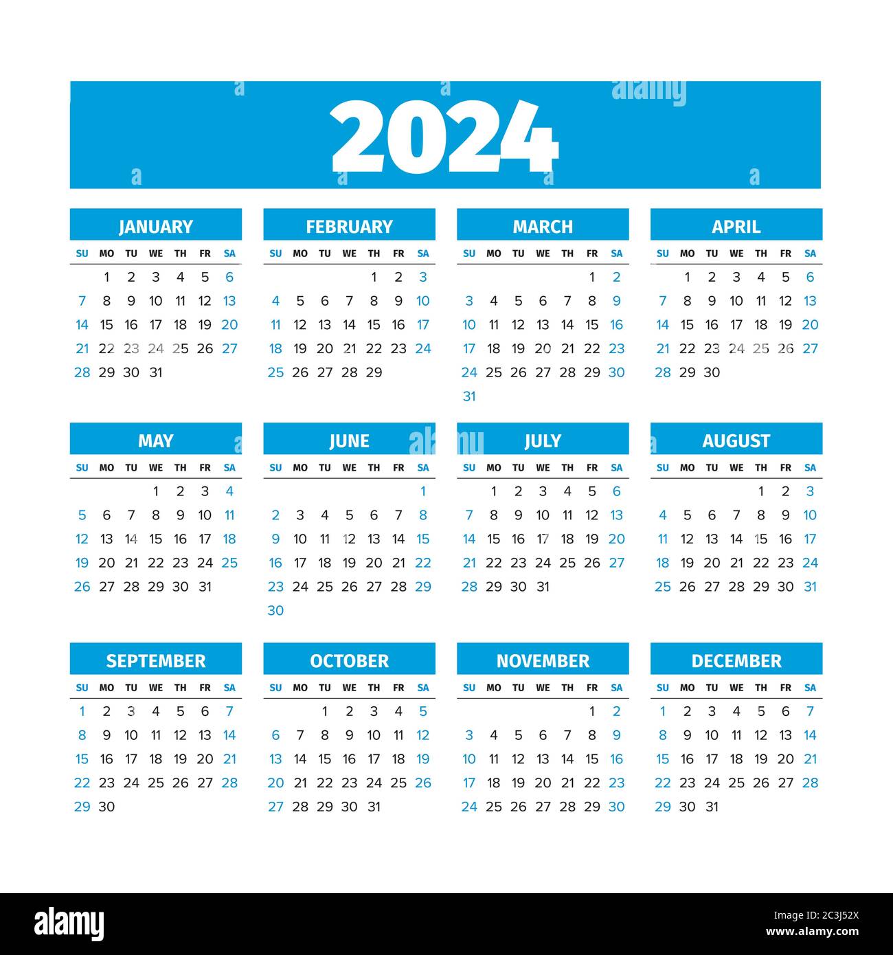 2024 Calendar with the weeks start on Sunday Stock Vector Image & Art