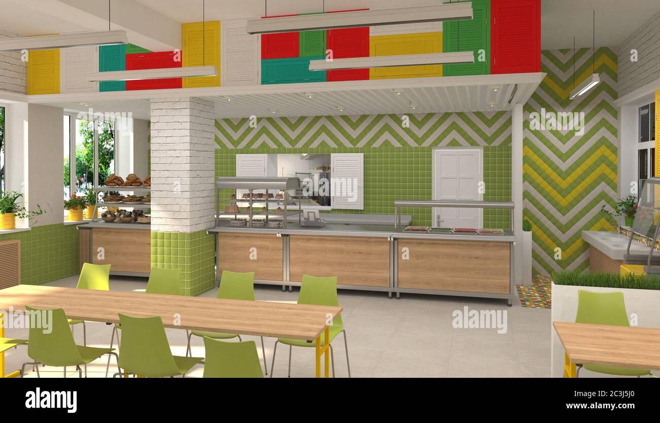 Interior of the school children's canteen. 3D visualization of dining