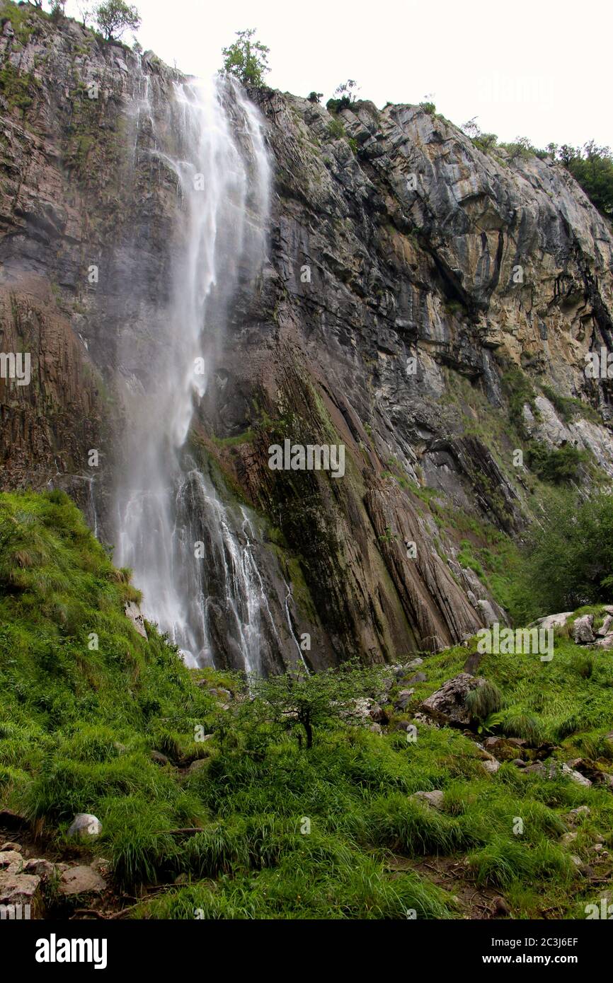 Close to the foot of the waterfall at the source of the River Ason Cantabria Spain Stock Photo