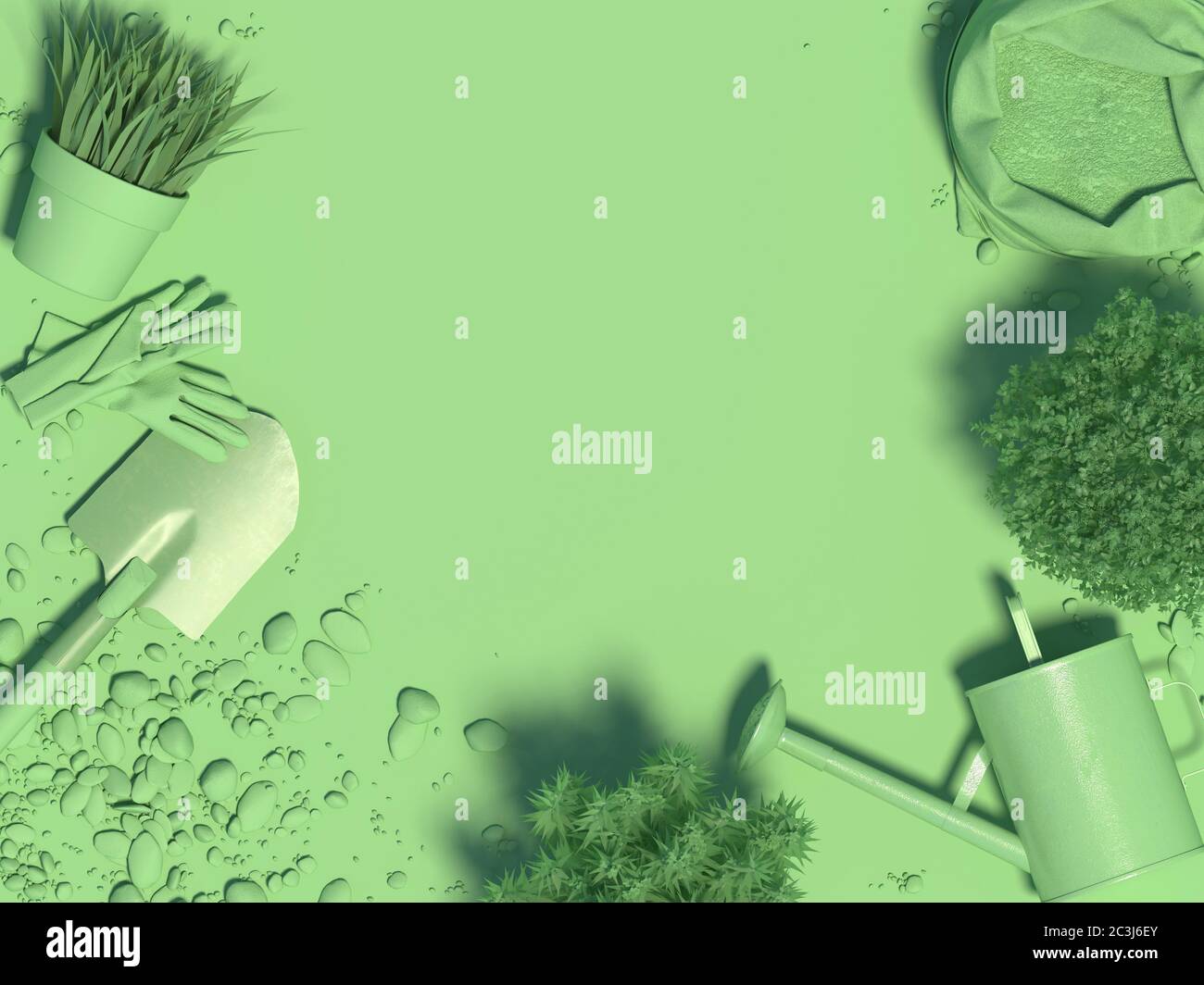 Spring green monochrome background with garden tools and plants in flowerpots. Copy space. Top view. 3D rendering. Stock Photo