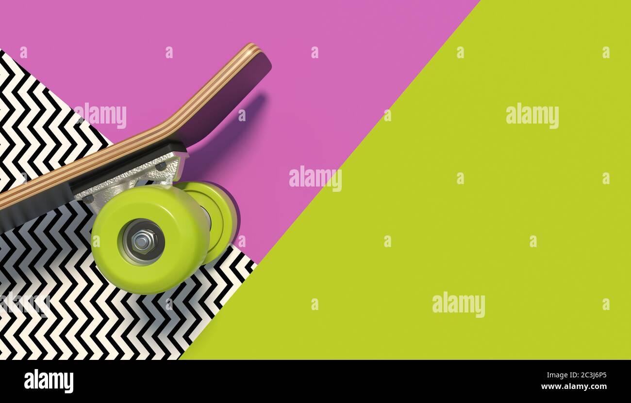 Wooden skateboard with bright colored wheels on a colorful background with geometric patterns. Copy space. Minimalistic creative concept. 3D render. Stock Photo
