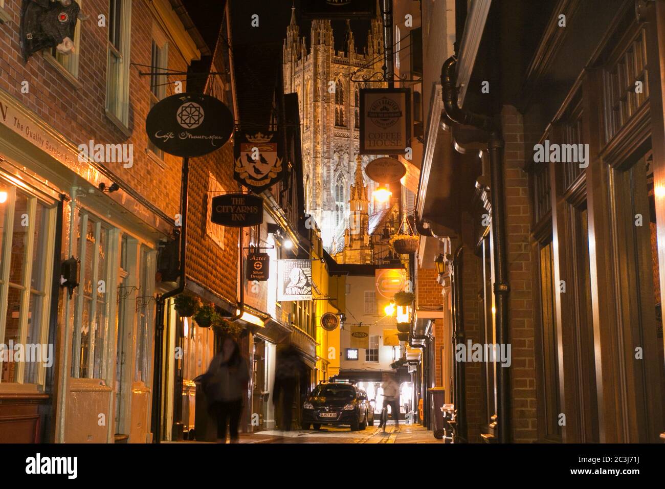 Butchery Lane at night, with a view of Canterbury Cathedral. Stock Photo