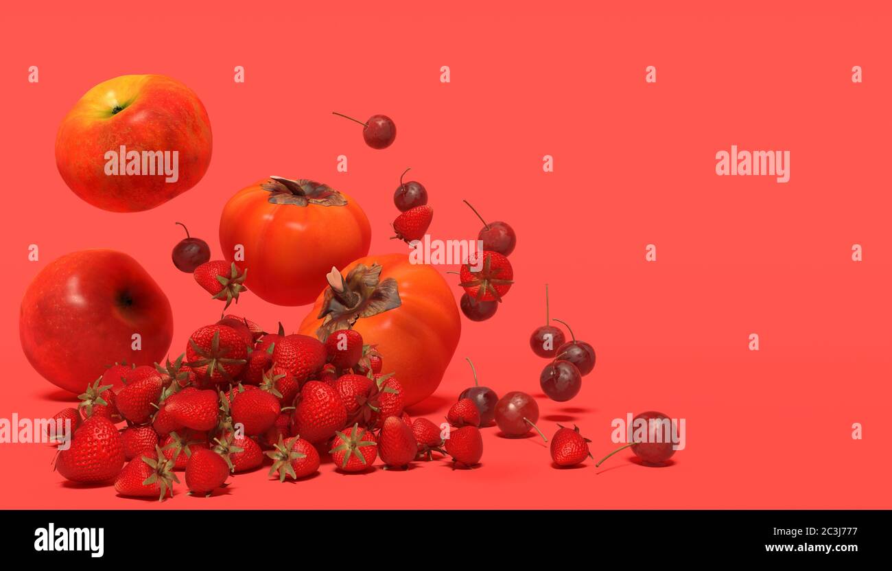 Banner with red fruits on a red background with free space for text. Composition of apples, strawberry, cherries and persimmon falling down. 3D render Stock Photo