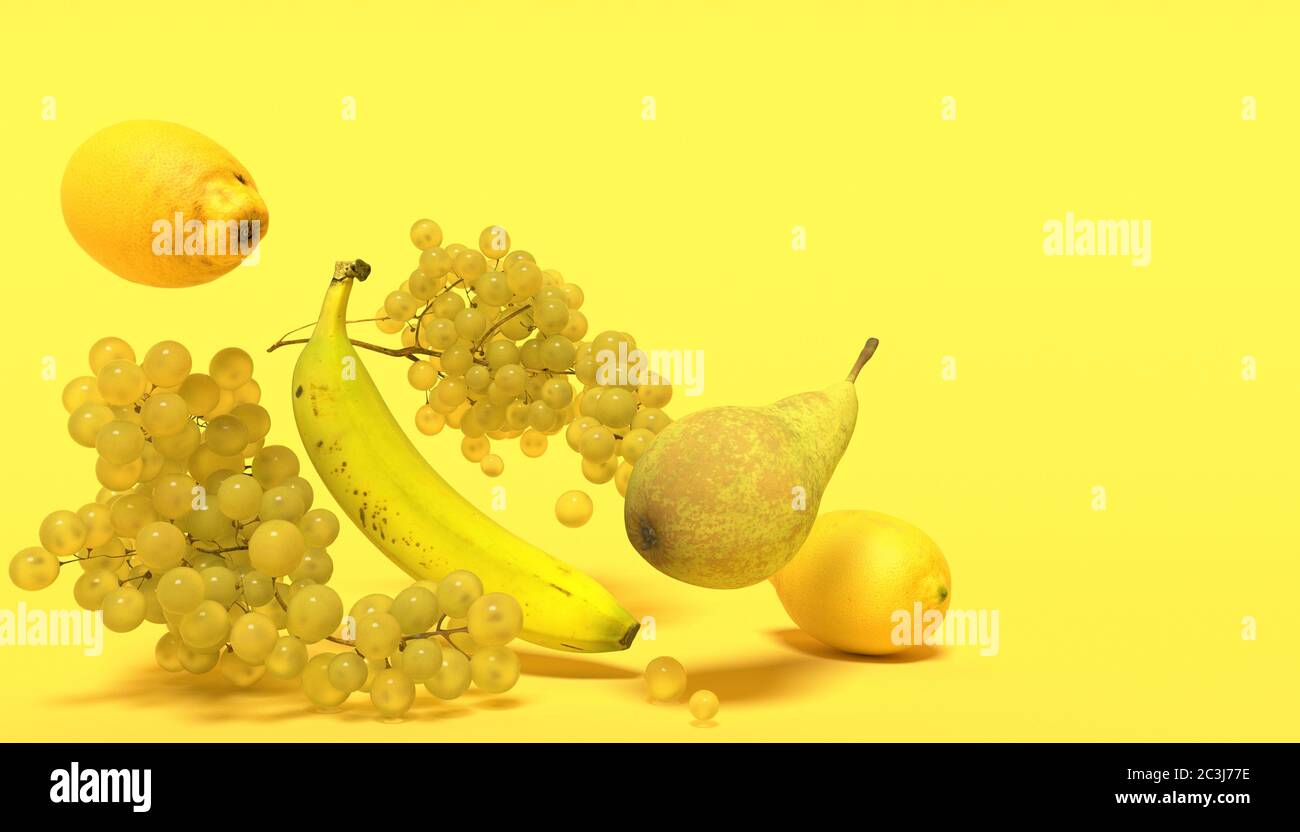 Banner with yellow fruits on a yellow background with free space for text. Composition of bunches of grapes, bananas, pears and lemons falling down. 3 Stock Photo