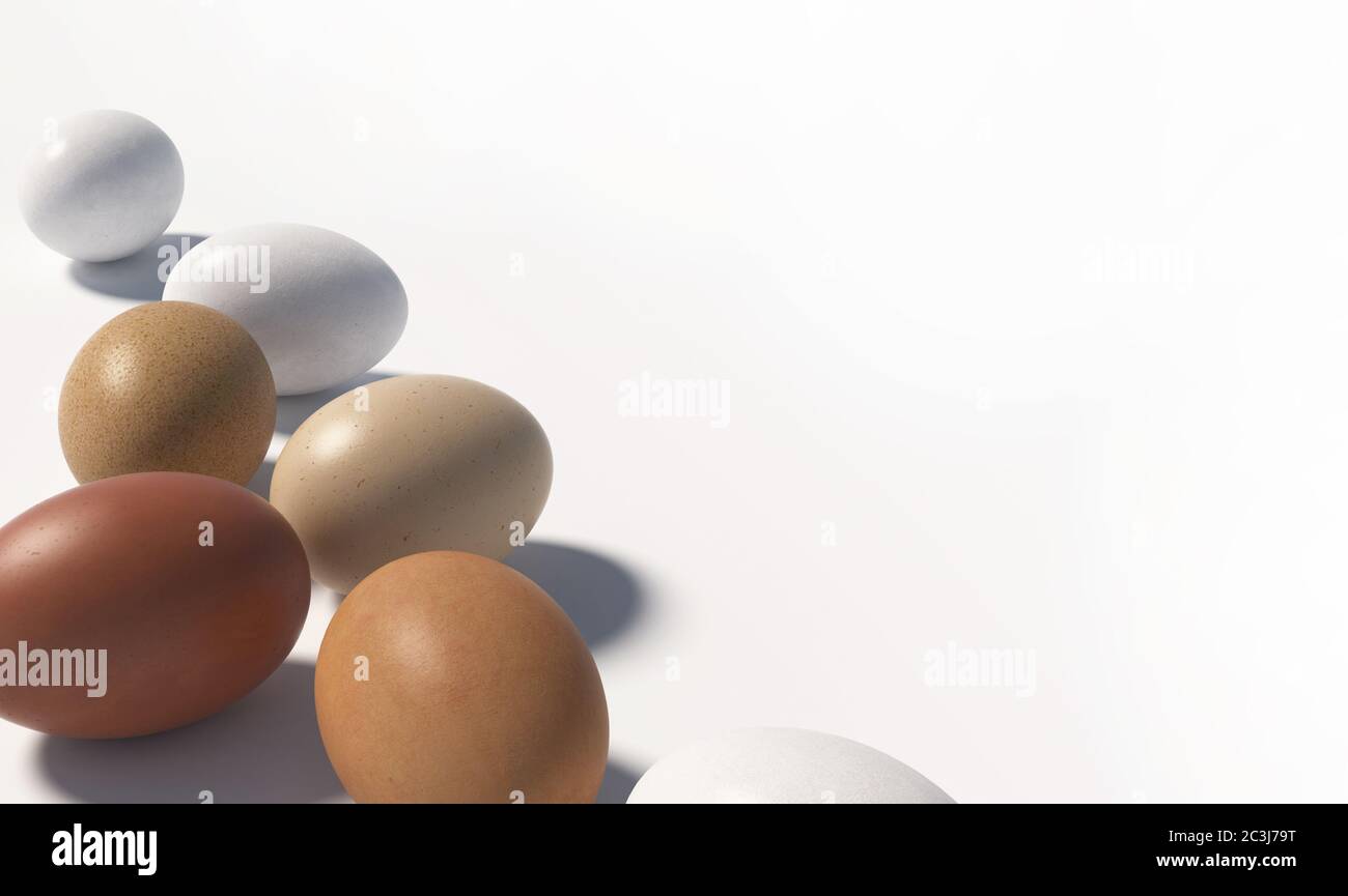 A lot of multi colored chicken eggs lie randomly on a white background. Copy space. 3D render. Stock Photo
