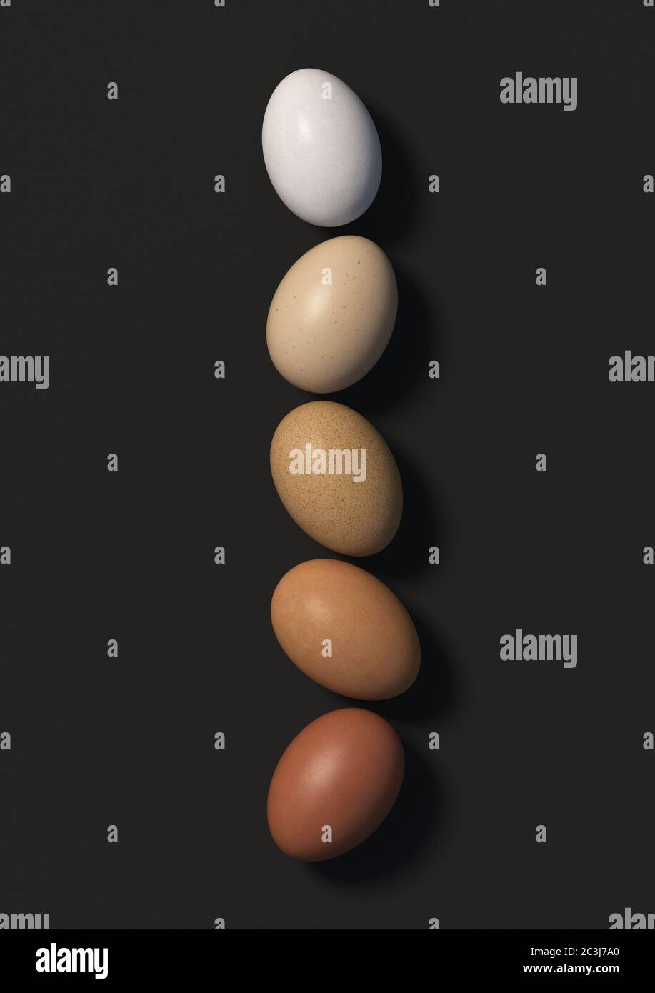 Five multi colored chicken eggs lie in a row on a black background. Top view. 3D render. Stock Photo
